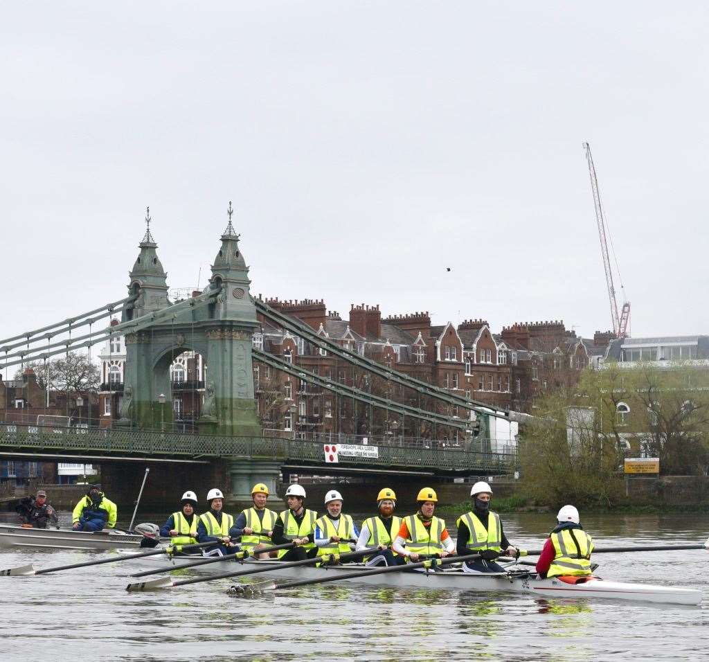 A group of rowers, including former British Olympians and Oxford and Cambridge boat race competitors, taking part in a demonstration in front of Hammersmith Bridge (Hammersmith Bridge SOS/PA)