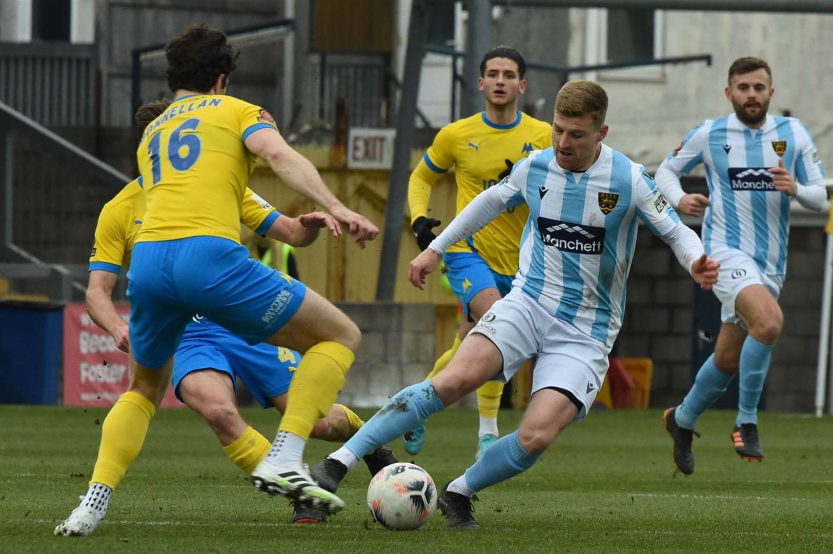 Jack Barham in possession during Maidstone's 1-0 defeat at Torquay last weekend. Picture: Steve Terrell