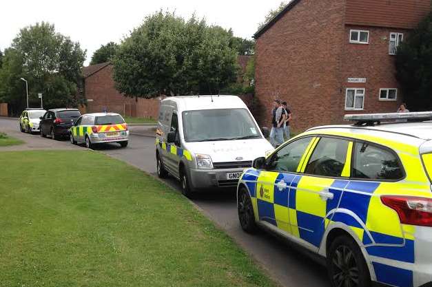 Several police cars can be seen in the residential street