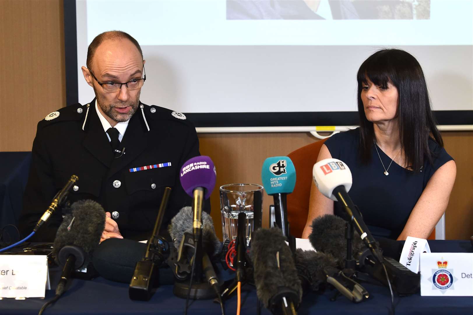 Assistant Chief Constable Peter Lawson (left) and Detective Superintendent Rebecca Smith of Lancashire Police update the media (PA)