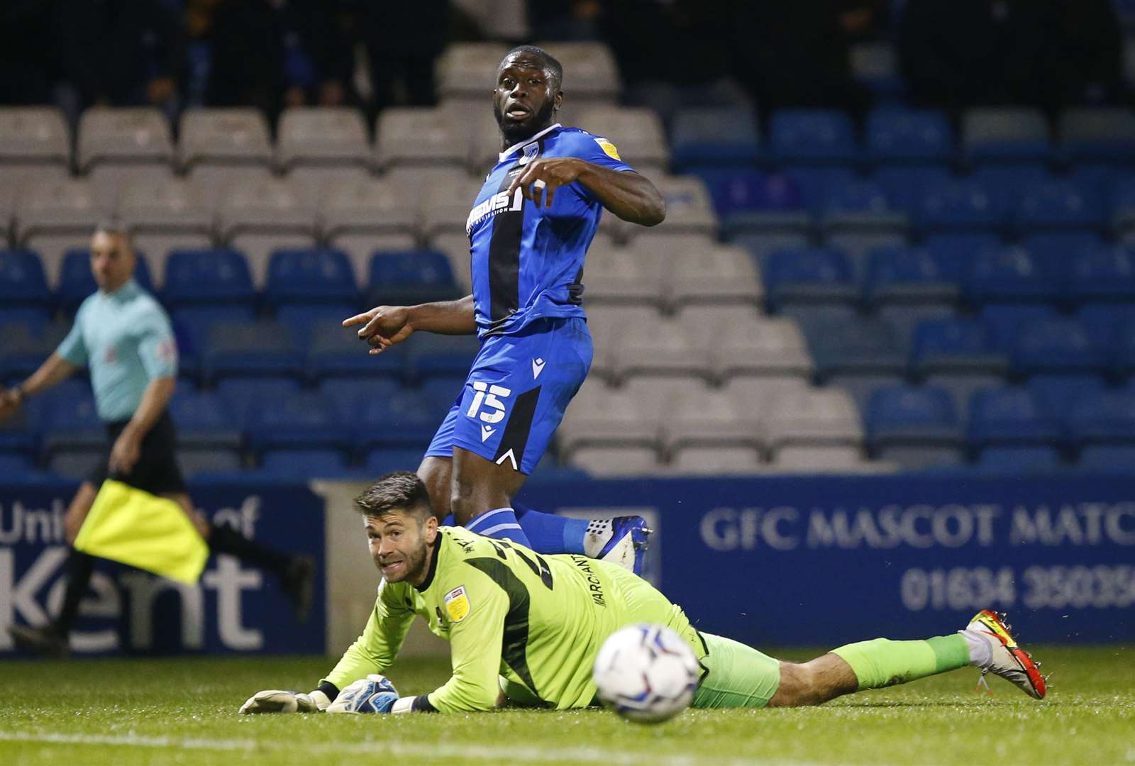 John Akinde forces Cheltenham keeper Scott Flinders into action. Picture: Andy Jones