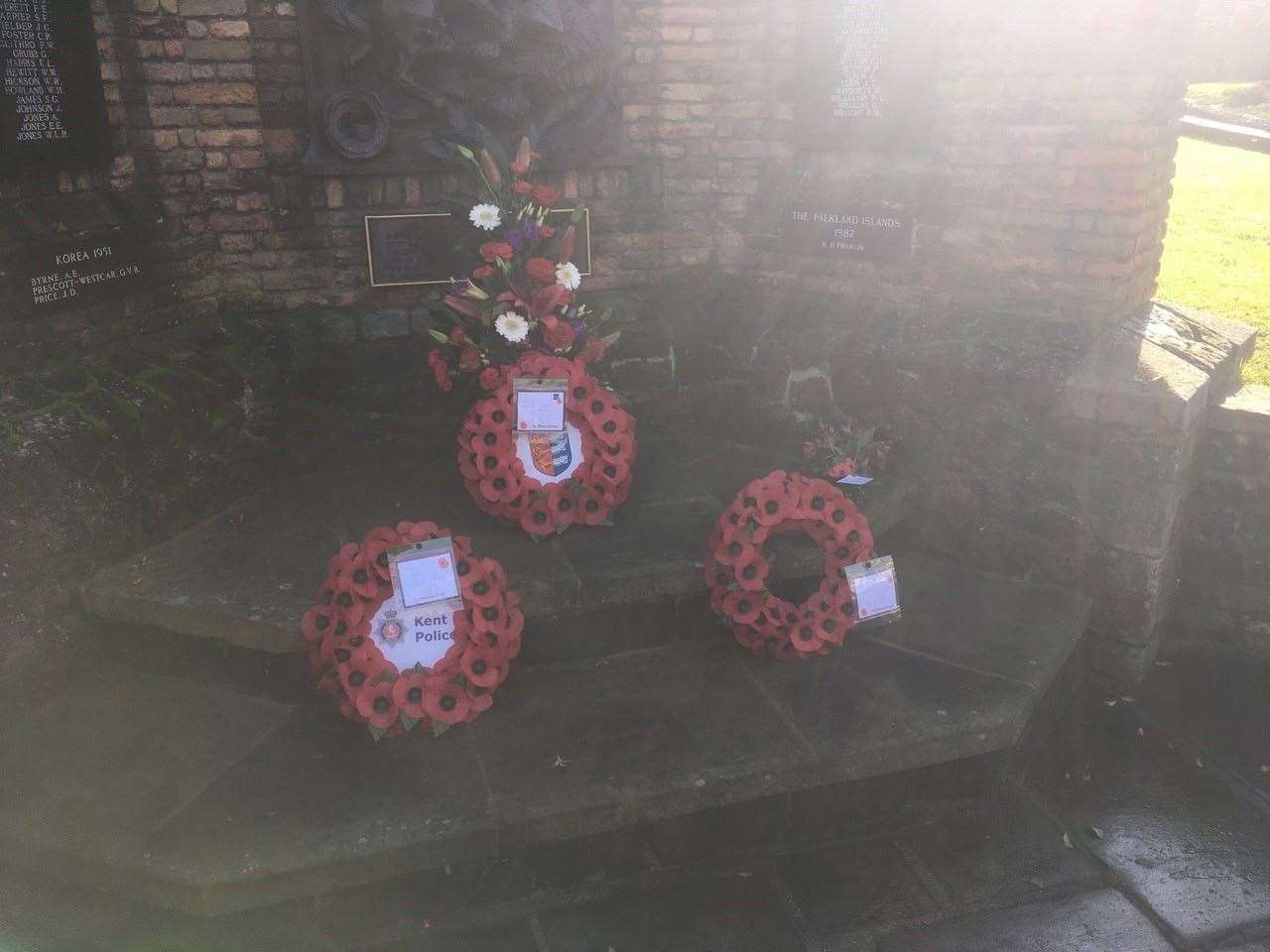 Three wreaths were laid at the war memorial in Sandwich in a scaled back Remembrance event