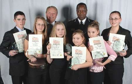 Simon Irwin and Mike Fuller with youngsters (left to right) from the Golden Valley Group (left to right) Jamie Groombridge, Shanie McCarthy, Sammy Turner, Naomi Cole, Shelly Cole, Rachael Cole. Picture: GRANT FALVEY