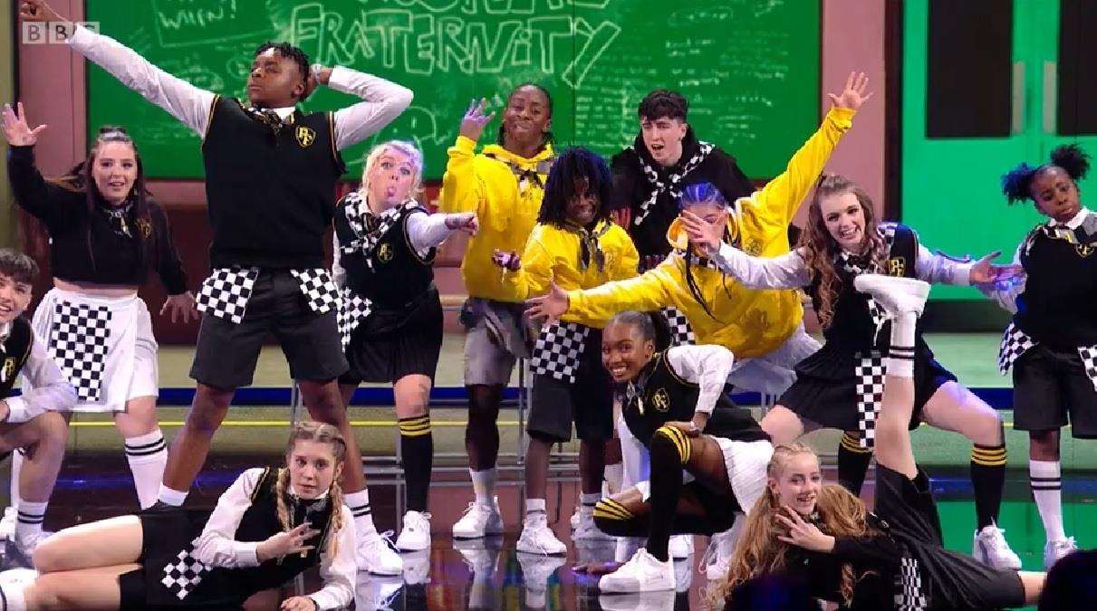 End of the line: Prospects Fraternity in The Greatest Dancer on Saturday's live show with Laila Bocarro from Teynham front left. Picture: BBC