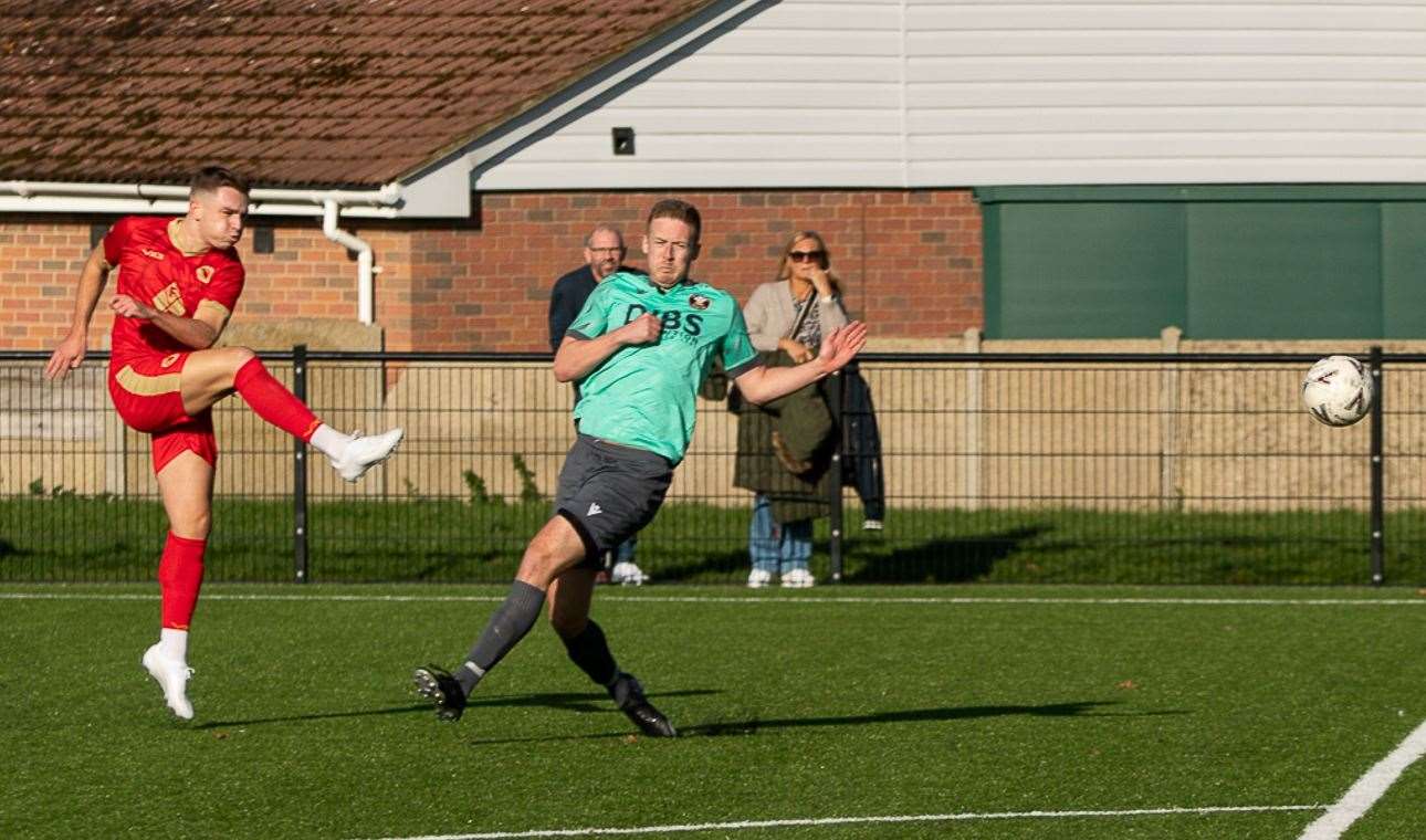 Josh Oliver scores for Whitstable. Picture: Les Biggs