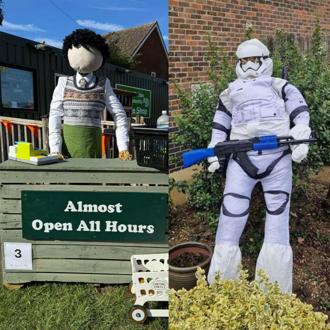 (from left to right) ‘Almost Open All Hours’ scarecrow and ‘Strawn Trooper’ scarecrow (Great Paxton Scarecrow Festival/PA)