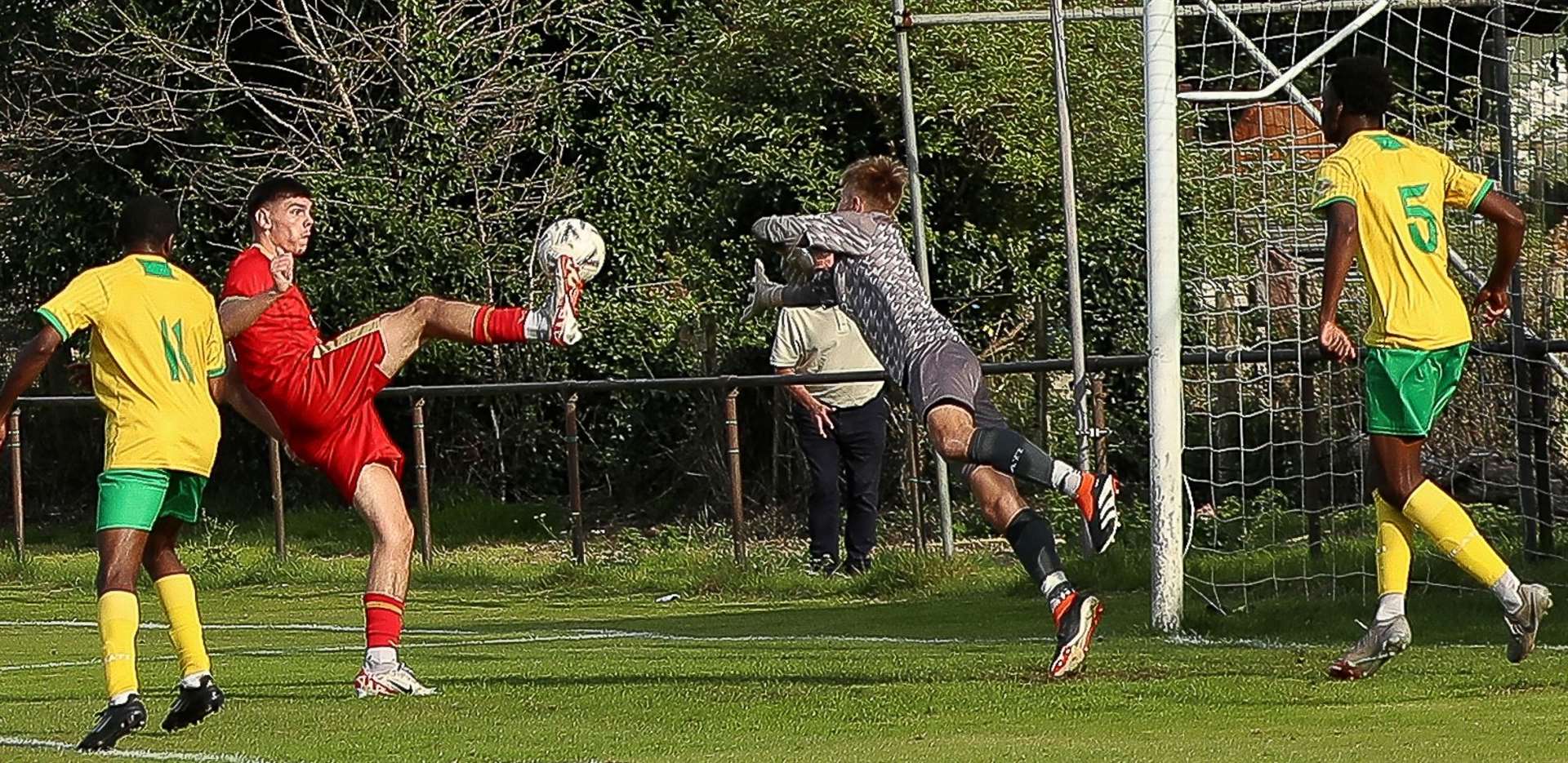 Harvey Smith scores the equaliser for Whitstable at Holmesdale in Southern Counties East on Saturday. Picture: Les Biggs