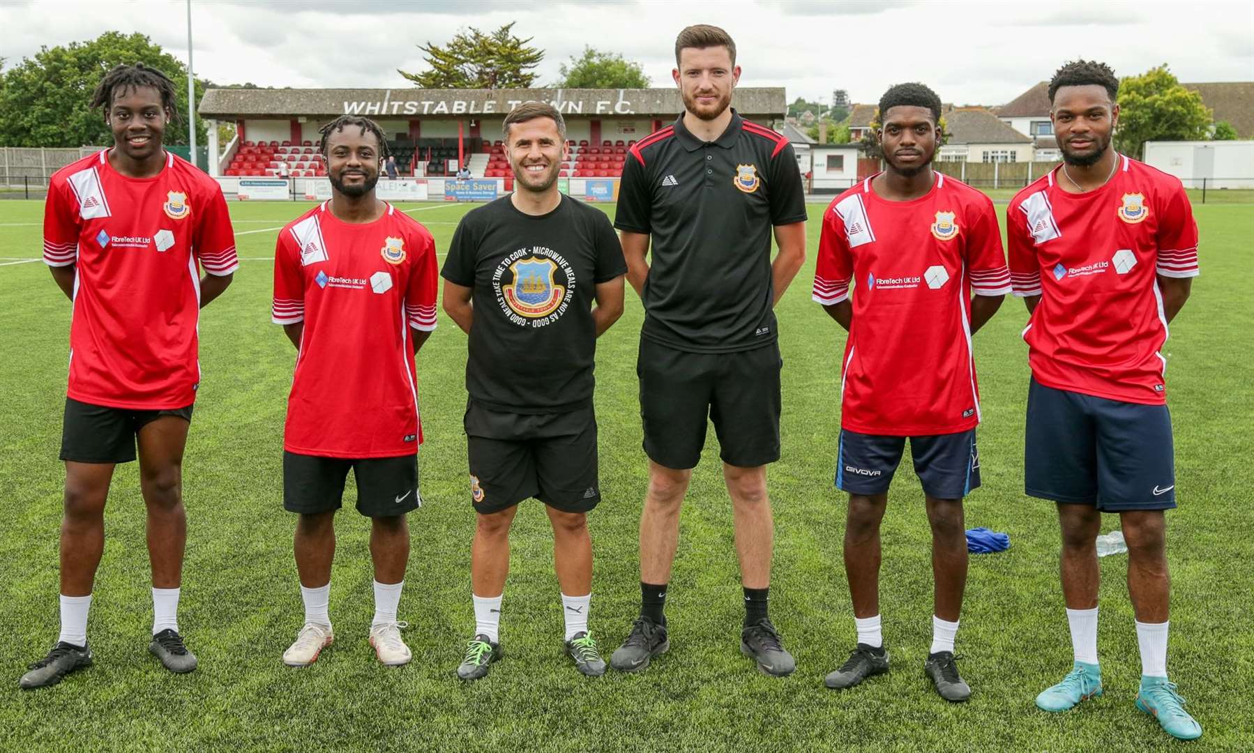 Whitstable boss Marcel Nimani, third from left, with coach Craig Coles and summer signings Eri Akintimehin, Steadman Callender, Tyler Anderson and Josh Williams. Picture: Les Biggs