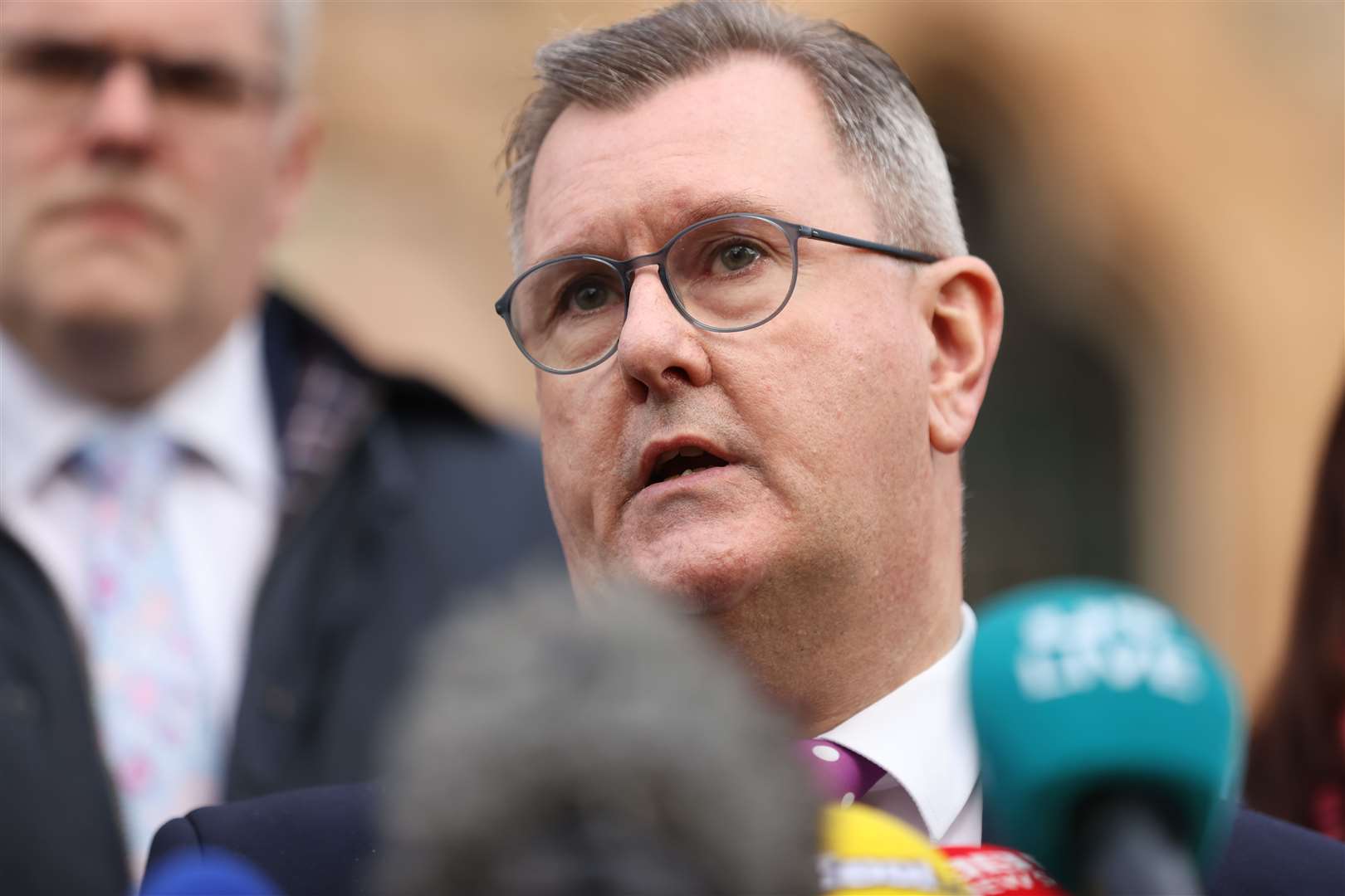 DUP leader Sir Jeffrey Donaldson speaks to reporters after meeting Rishi Sunak to discuss the Northern Ireland Protocol (Liam McBurney/PA)