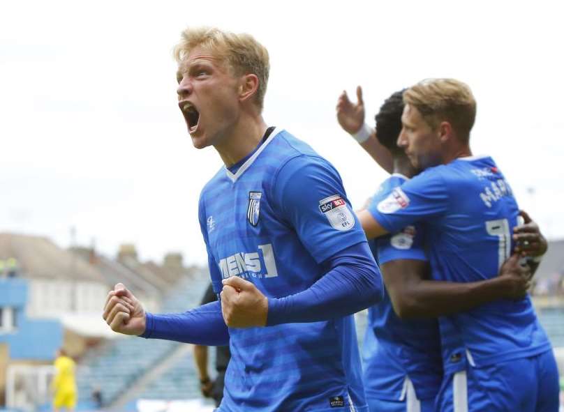 Josh Wright celebrates scoring Gillingham's opener against Bristol Rovers Picture: Andy Jones