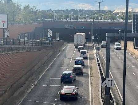 Queuing vehicles on the Strood-bound approach to the Medway Tunnel