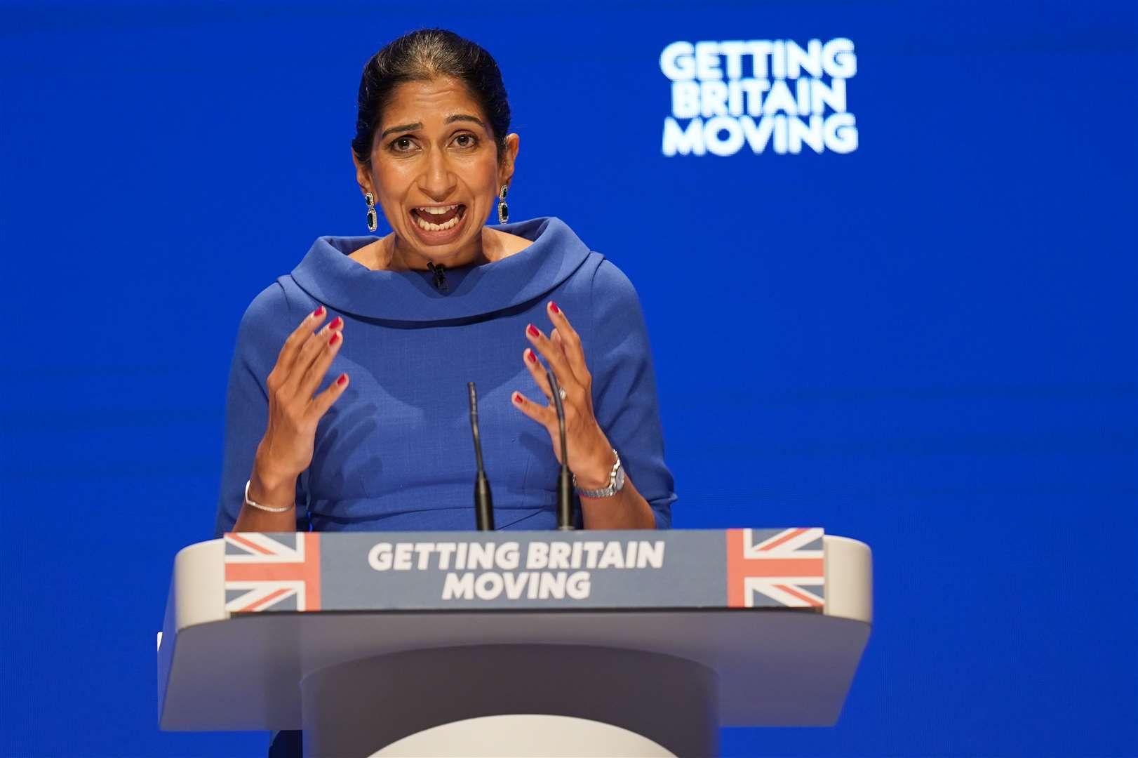 Suella Braverman told a fringe event during the Conservative Party conference that her ‘dream’ and ‘obsession’ is seeing a plane taking off to Rwanda with migrants (Jacob King/PA)