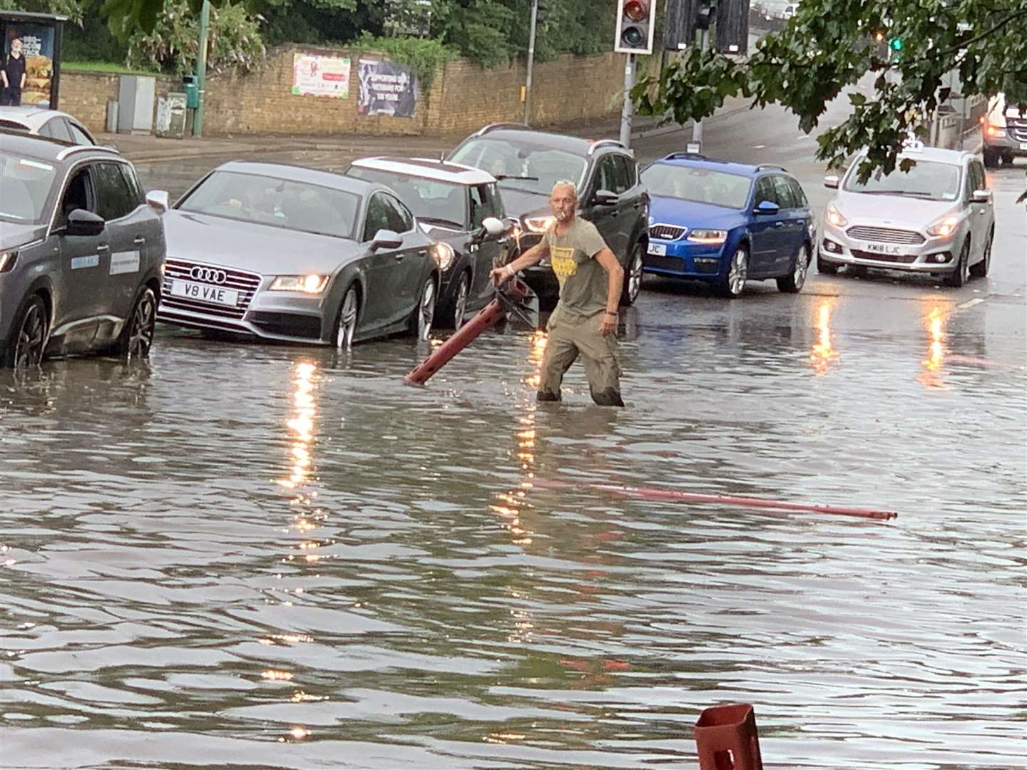 Flooding on the A20 at the Quarry Wood lights. Picture: Conrad Fry