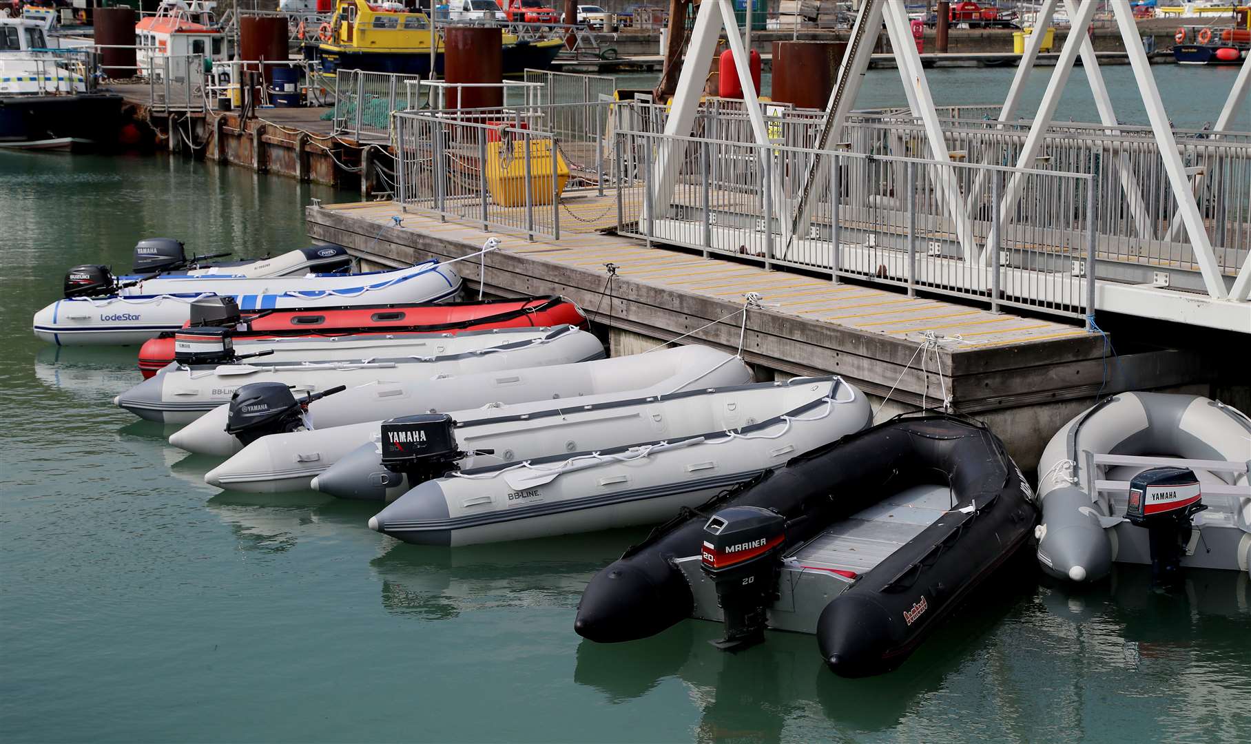 Dinghies tied up at the Port of Dover after being seized by Border Force officers (Gareth Fuller/PA)