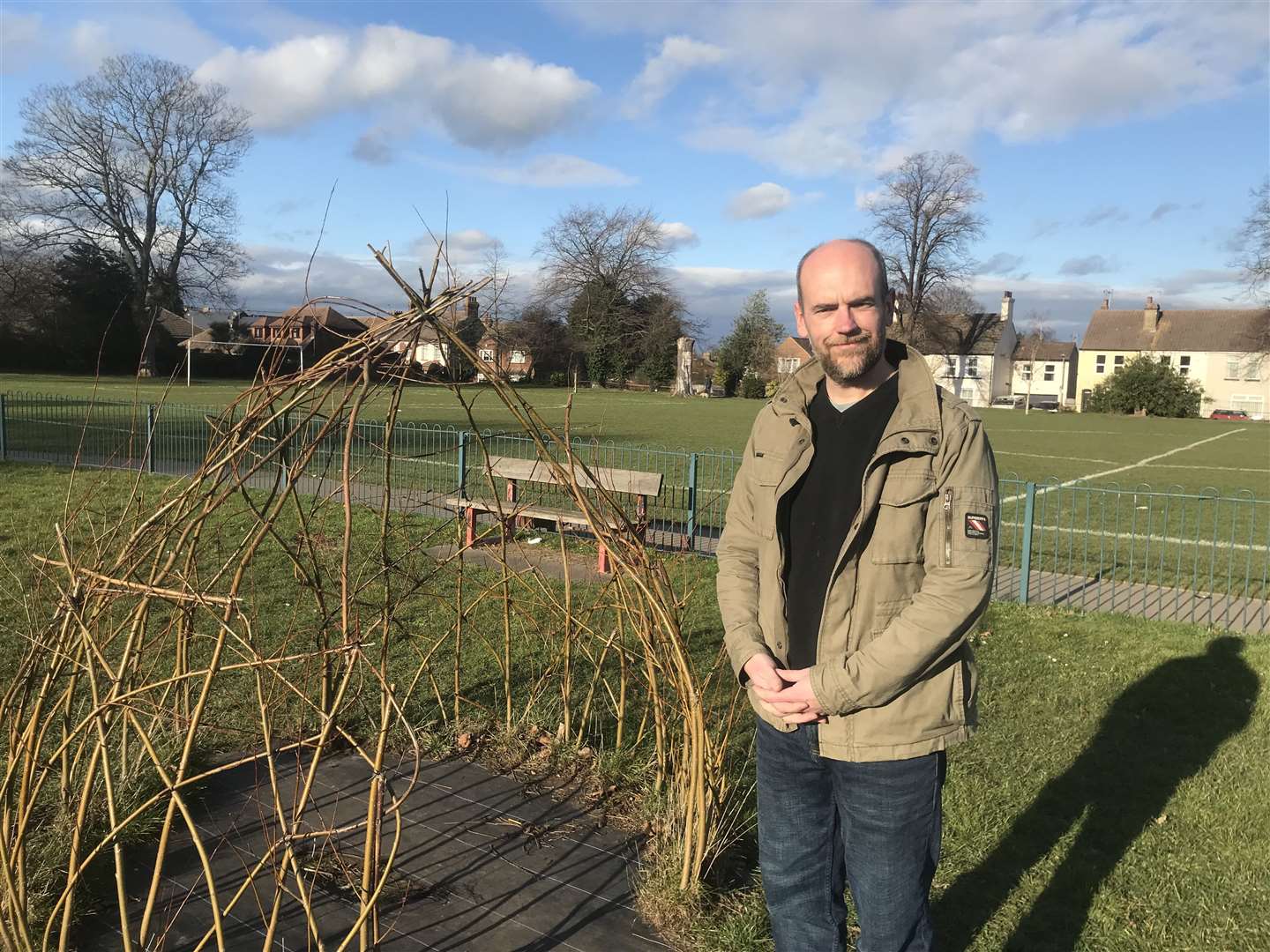 Stuart Bourne, with the Willow Den created at Rainham Recreation Ground