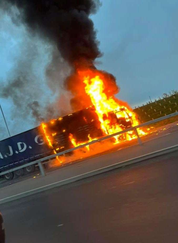 The lorry in flames on the B255 in Bean, near Bluewater shopping centre