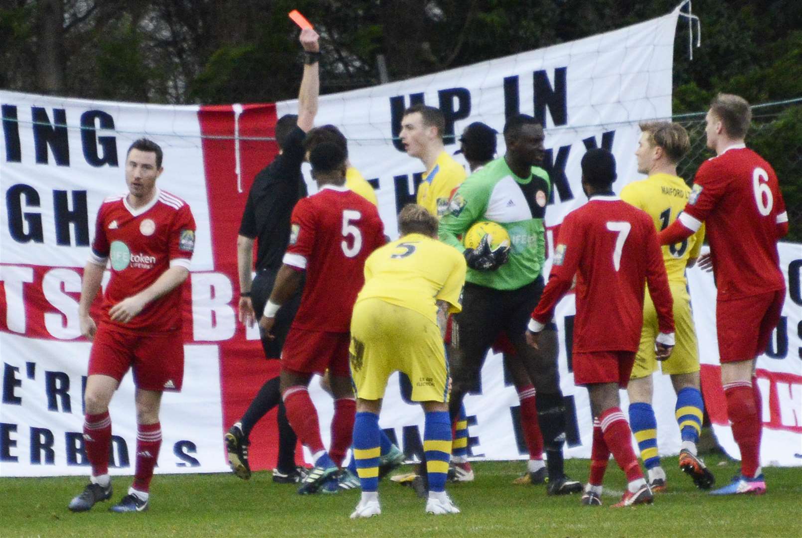 Whitstable's Steve Smith sees red at Hythe on Saturday Picture: Paul Amos