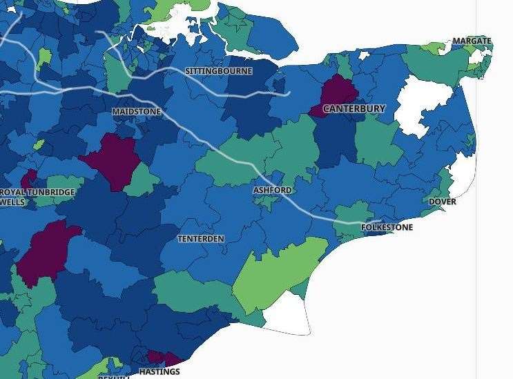 The white areas denote those with two or fewer new cases in a week - purple areas have the highest rate