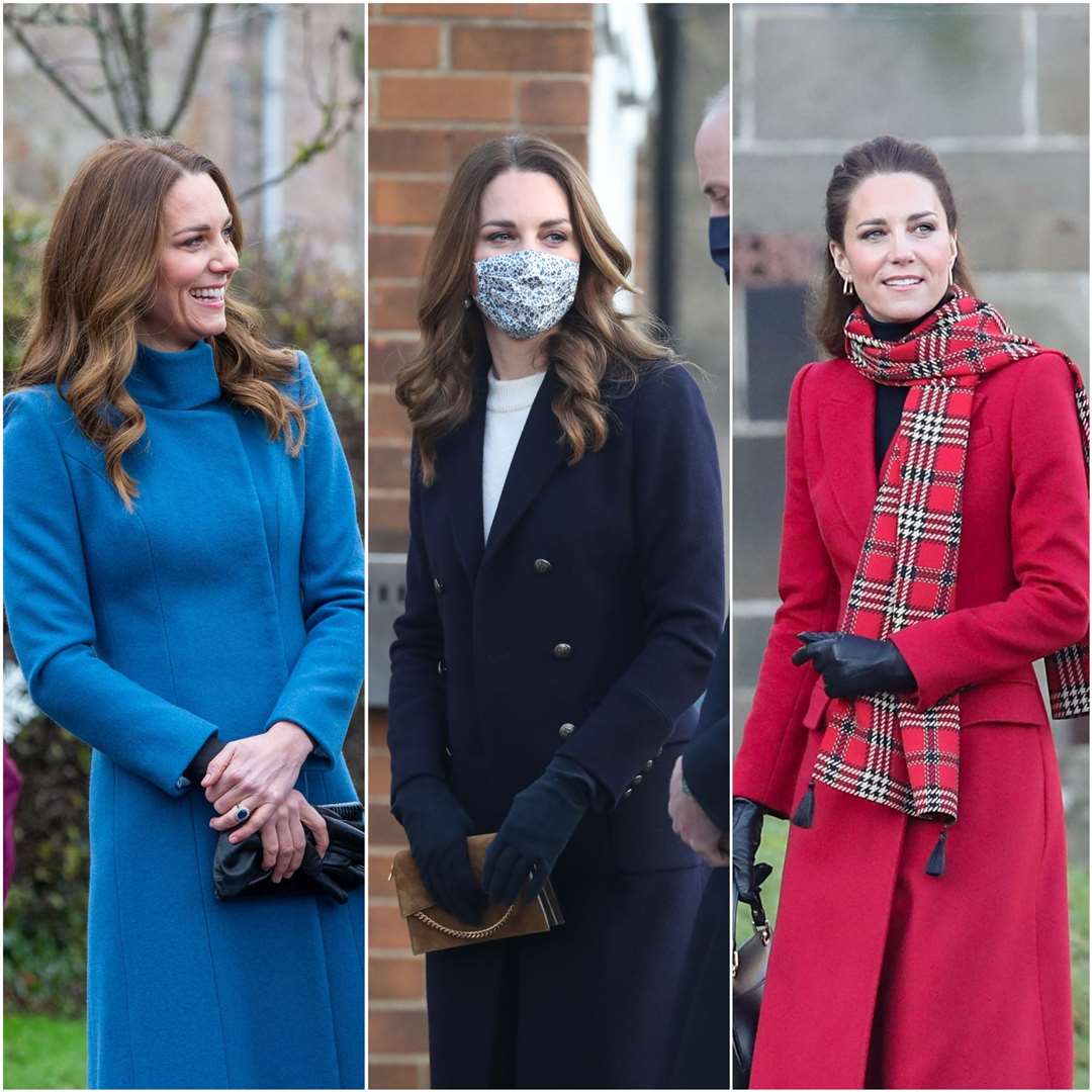 Kate in three of her five royal train tour coats (PA)