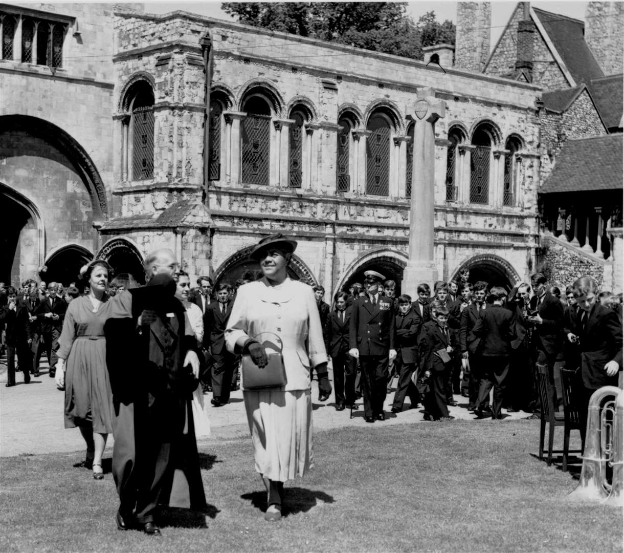 Queen Salote Tubou of Tonga, in April 1953 touring King's School in Canterbury with headmaster Canon Frederick Shirley. Picture: Images of Canterbury KM book