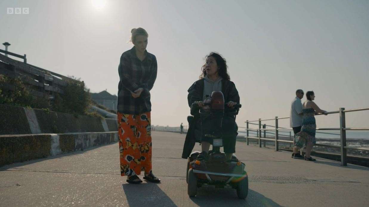 Eve and Villanelle on the promenade just behind the Nayland Rock Hotel. Picture: BBC