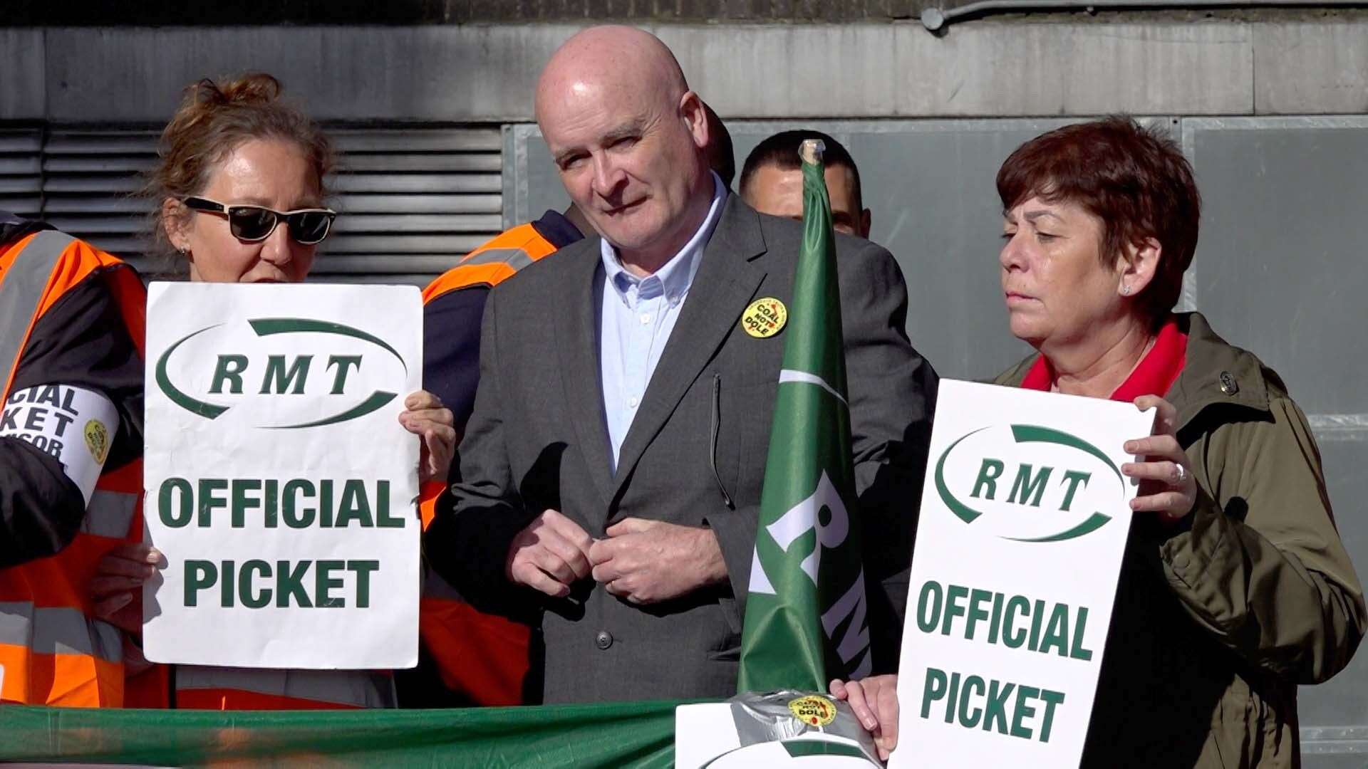 RMT general secretary, Mick Lynch, on a picket line outside outside Euston station in London (Sarah Collier/PA)