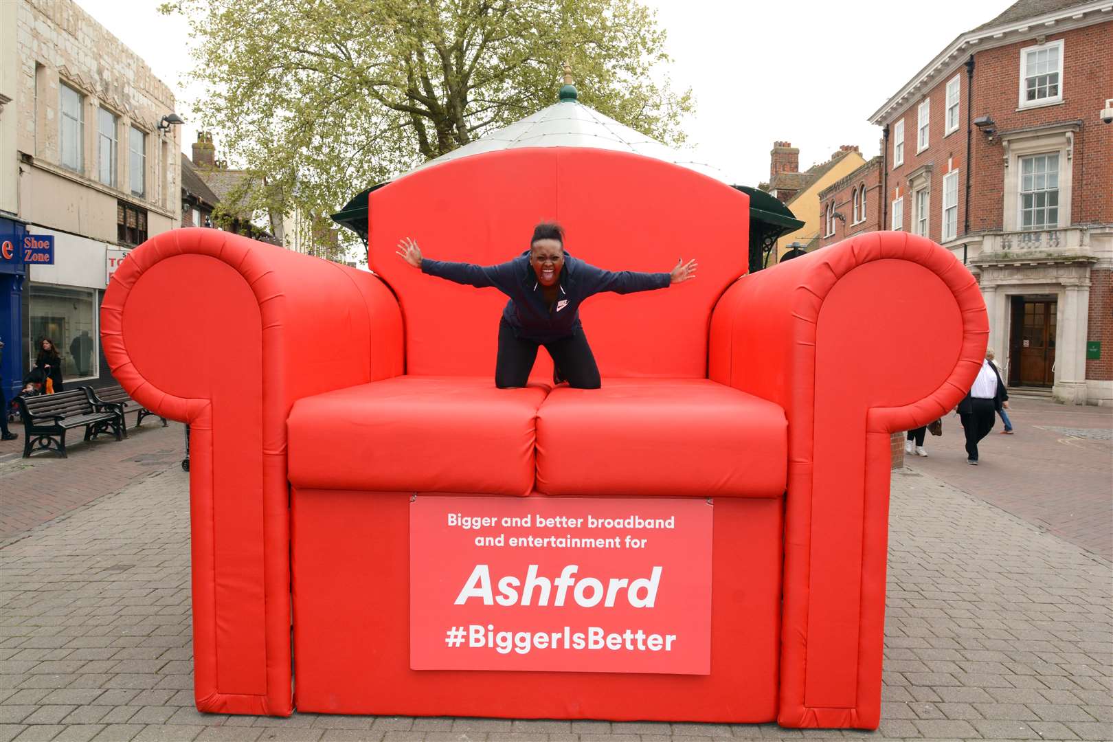 Virgin brought a giant red armchair to Ashford High Street to mark its work to connect 8,000 homes in the district with fibre optic broadband