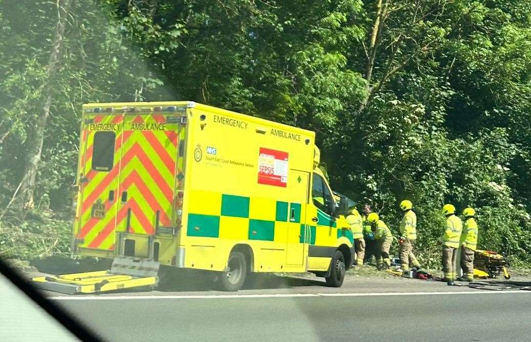 Fire crews are at the scene of a crash on the coastbound carriageway of the M20 shortly after Junction 10 at Ashford