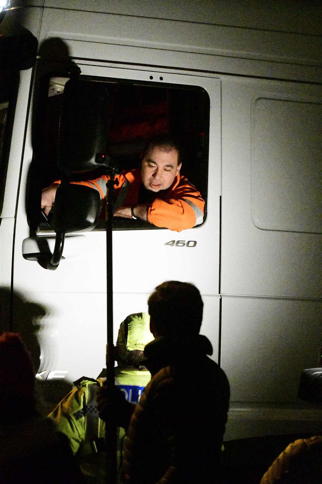 A lorry driver arrives in Dover at the port amid media attention