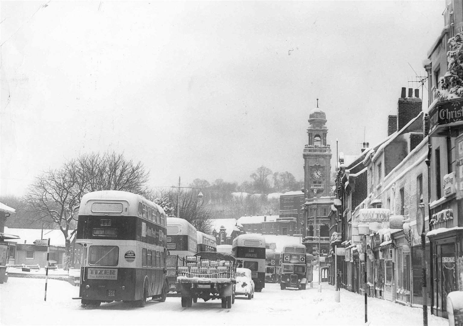 The buses struggled on during the severe winter of 1962-3, but there was not much other business in Military Road, Chatham, on this day