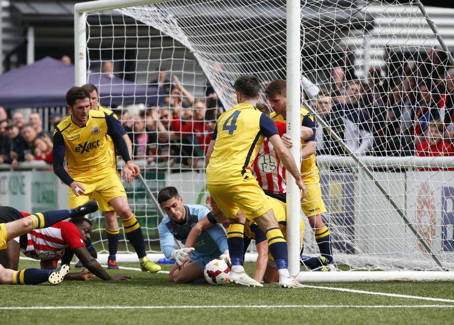 Whitstable survive a scramble on their goal line Picture: Andy Jones