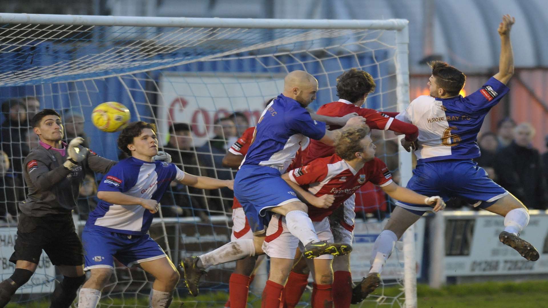 Herne Bay's Connor Sanders (No.6) goes close in the second half of Monday's derby against Whitstable Picture: Tony Flashman