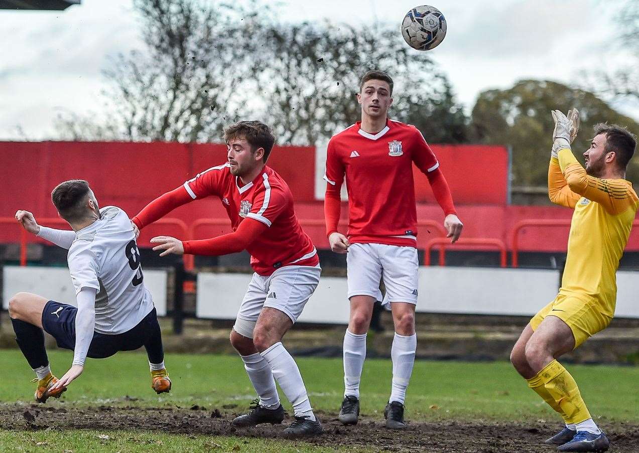 Deal keeper James Tonkin is called into action during their 1-0 loss at Erith & Belvedere last weekend. Picture: Dave Budden