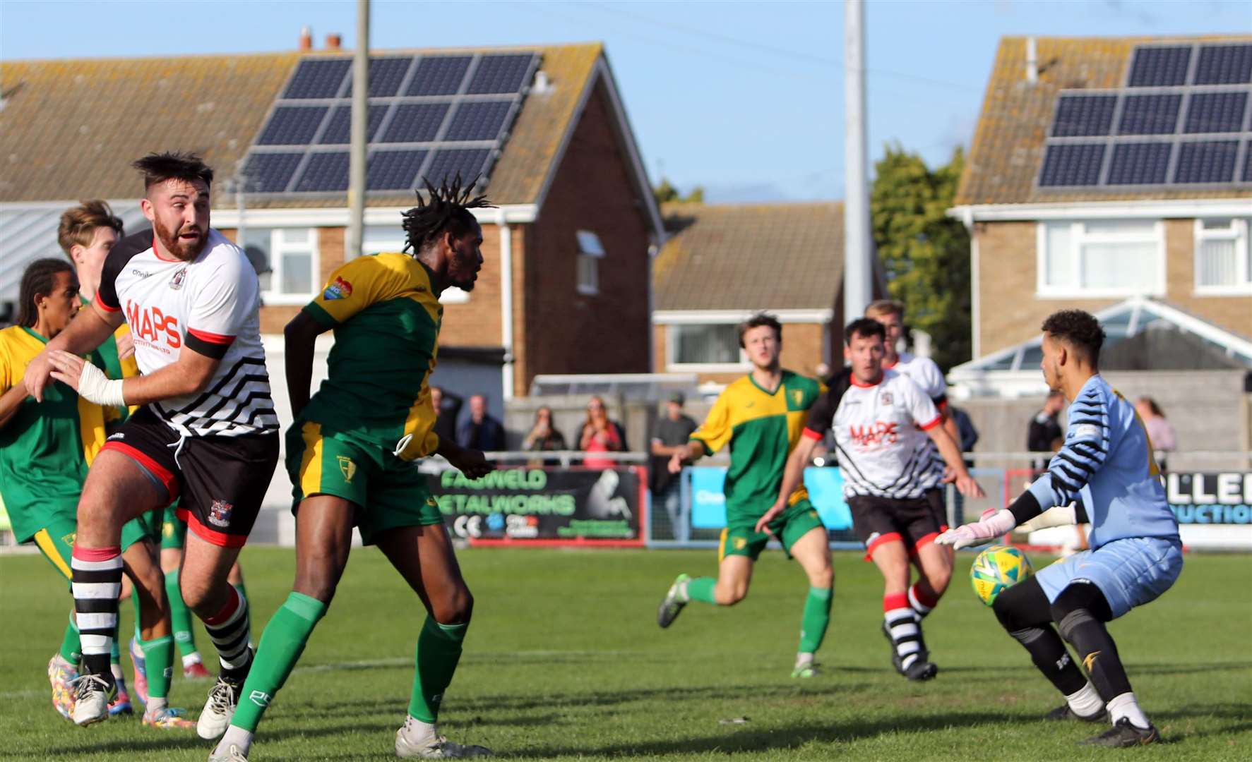 Connor Coyne scores Deal Town's fifth against Holmesdale with a flicked header. Picture: Paul Willmott