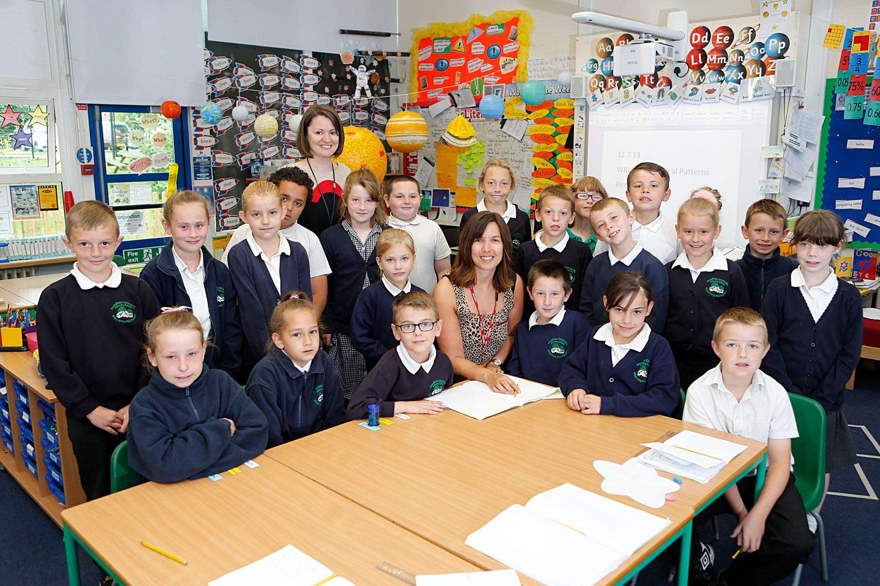 The KM's Mary Graham meets Maple Trees class at Greenfields Community Primary school. Also pictured is teacher Karen Stevens