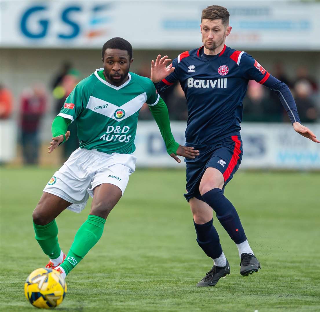 Debutant Michael Dome-Bemwin is closed down by Chatham striker Dan Bradshaw. Picture: Ian Scammell