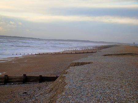 Storm damage to a shingle beach near Dungeness