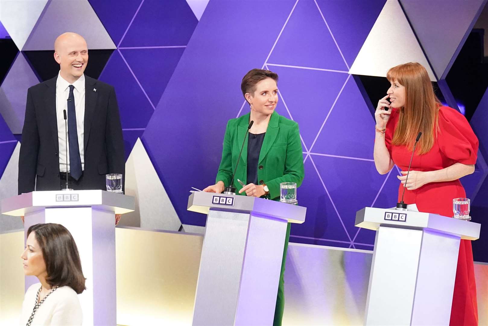 (left-right) Stephen Flynn of the SNP, co-leader of the Green Party Carla Denyer and deputy Labour leader Angela Rayner take part in the BBC Election Debate (Stefan Rousseau/PA)