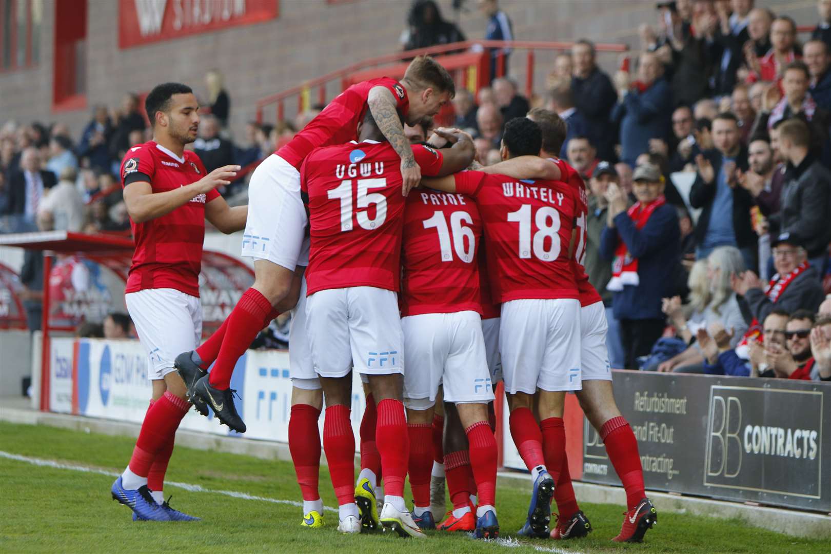 Ebbsfleet celebrate their first goal against Wrexham Picture: Andy Jones