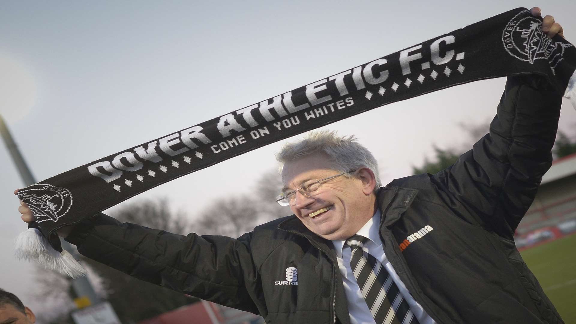 Dover manager Chris Kinnear salutes the travelling fans after the FA Cup win at Cheltenham. Picture: Ady Kerry