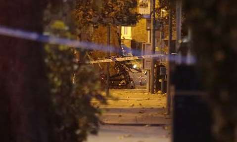 The bomb disposal robot collecting the package. Picture: Martin Apps