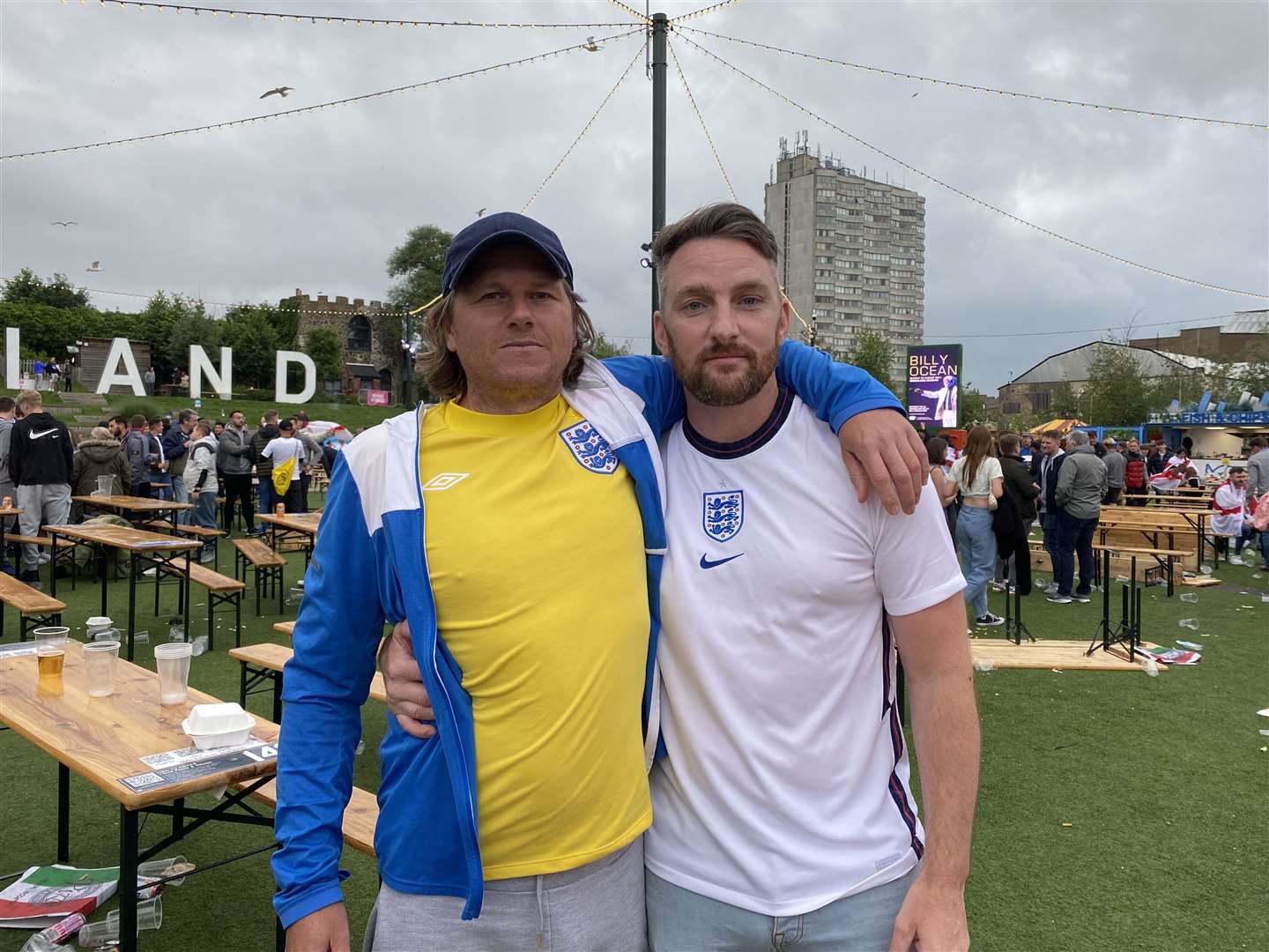 Rickie Cunningham (right) with friend Craig Aust had a great time at Dreamland watching England beat Germany