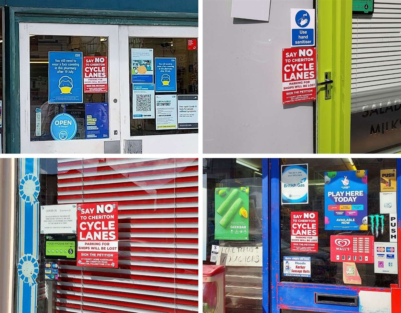 Posters opposing cycle lanes in Cheriton appeared in shop windows last year