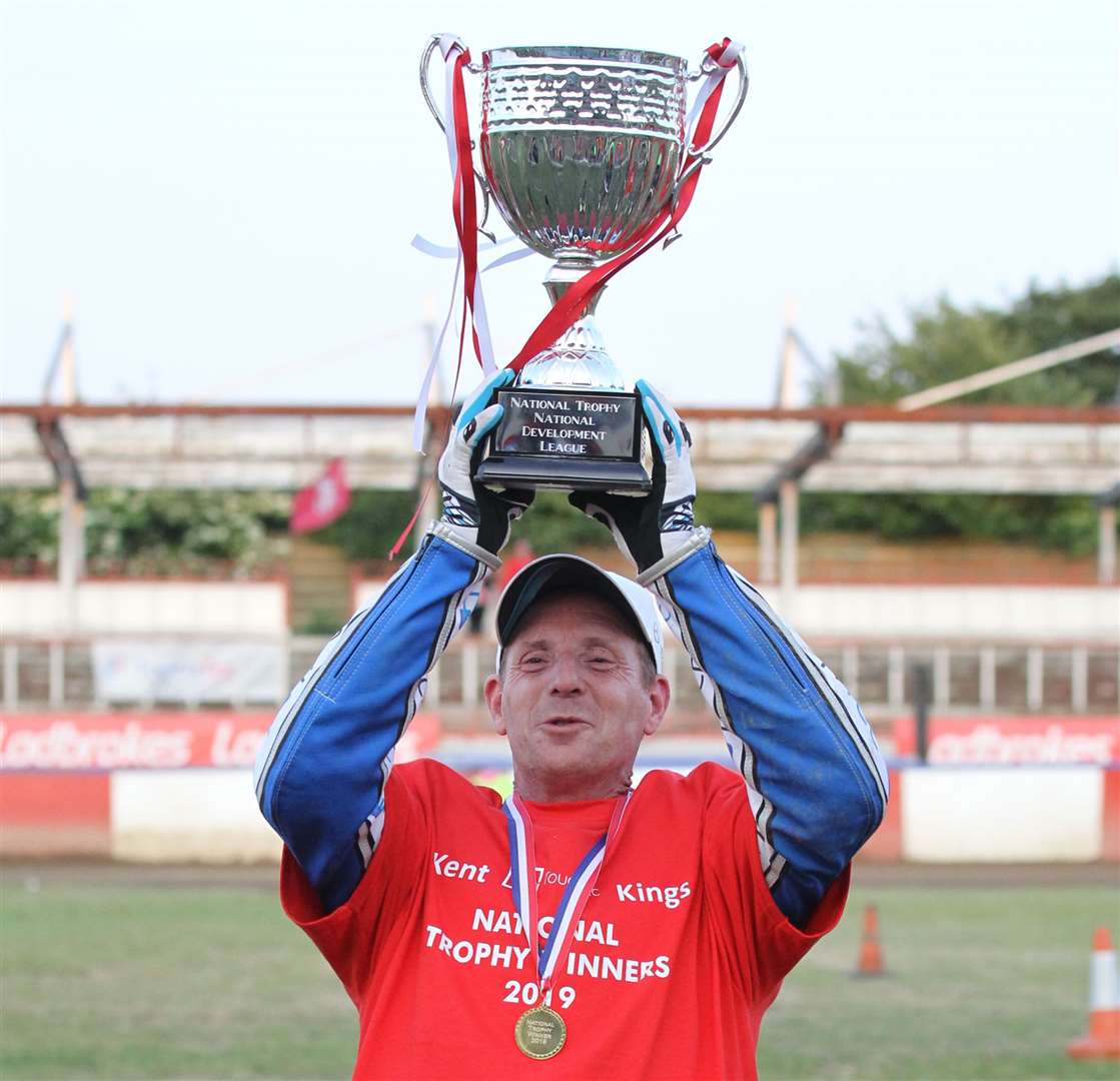 Kent Kings' Rob Ledwith lifts the National Trophy. Picture: Geoff Young