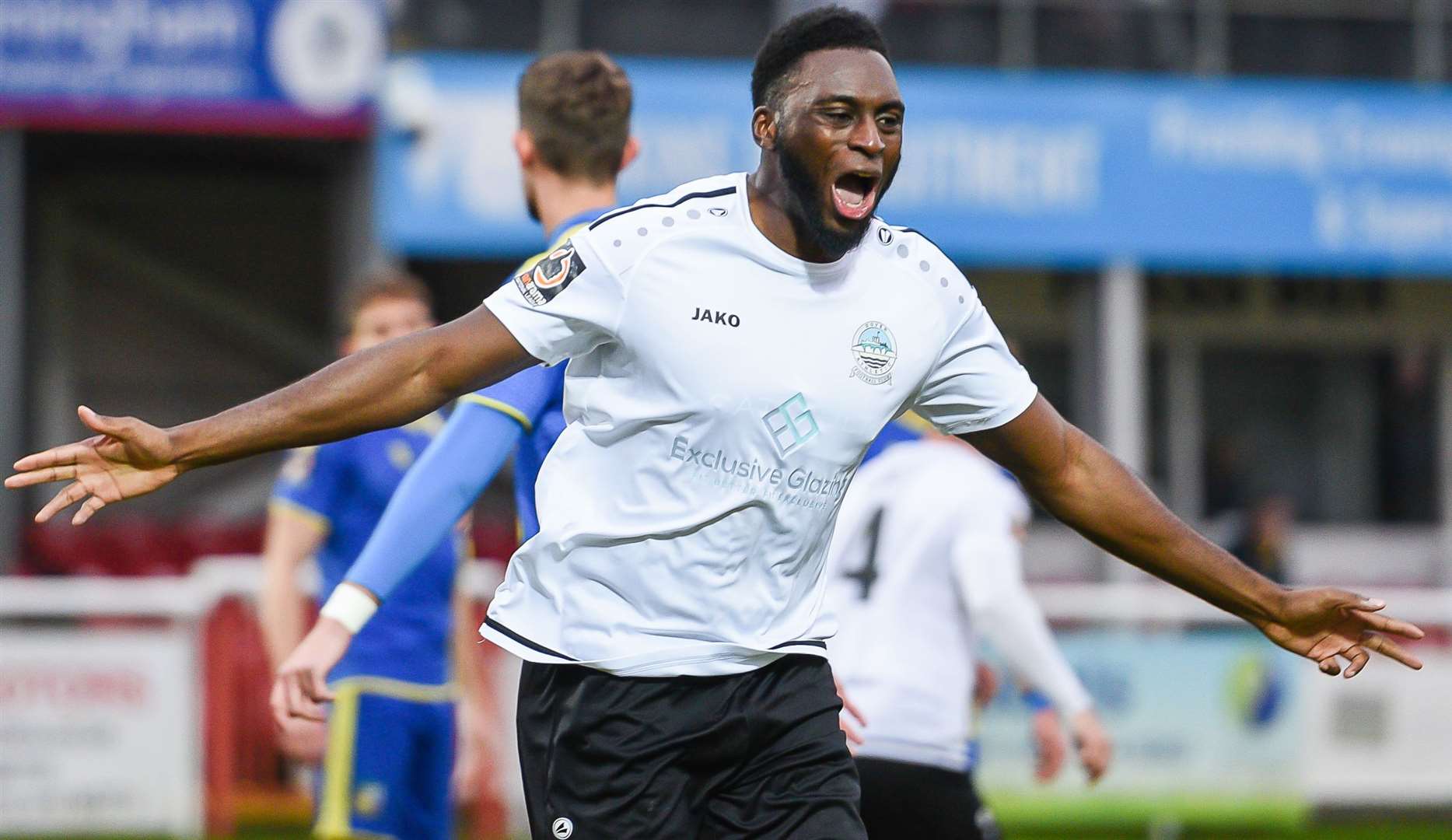 Inih Effiong scored both of Dover's goals in their 2-0 victory at Stockport County on Saturday. Picture: Alan Langley