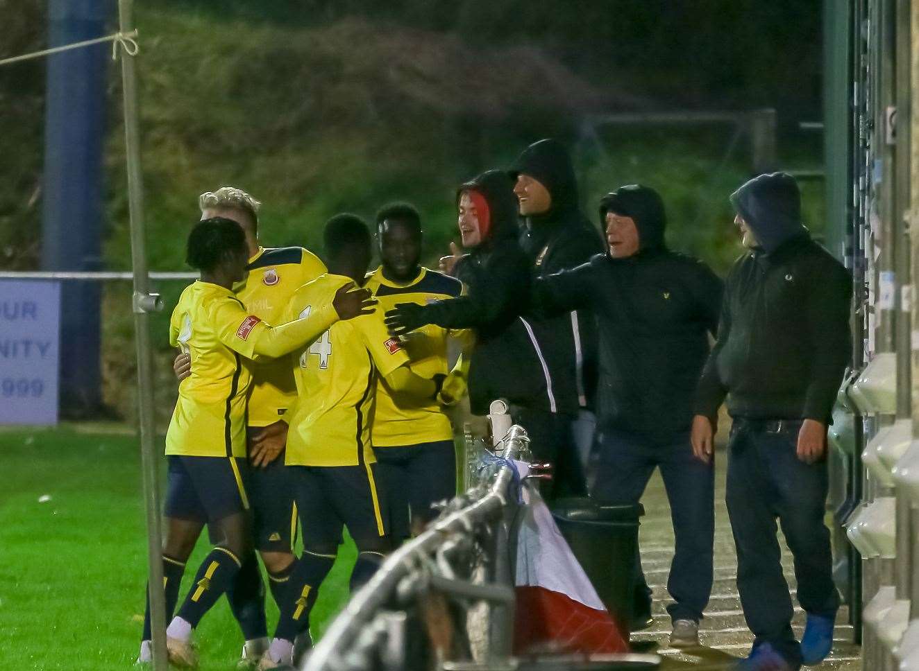Darboe celebrates with the Whitstable fans. Picture: Les Biggs