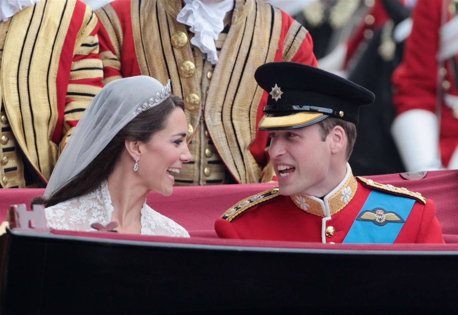Newlywed William and Kate in the carriage procession after their wedding at Westminster Abbey (Matt Cardy/PA)
