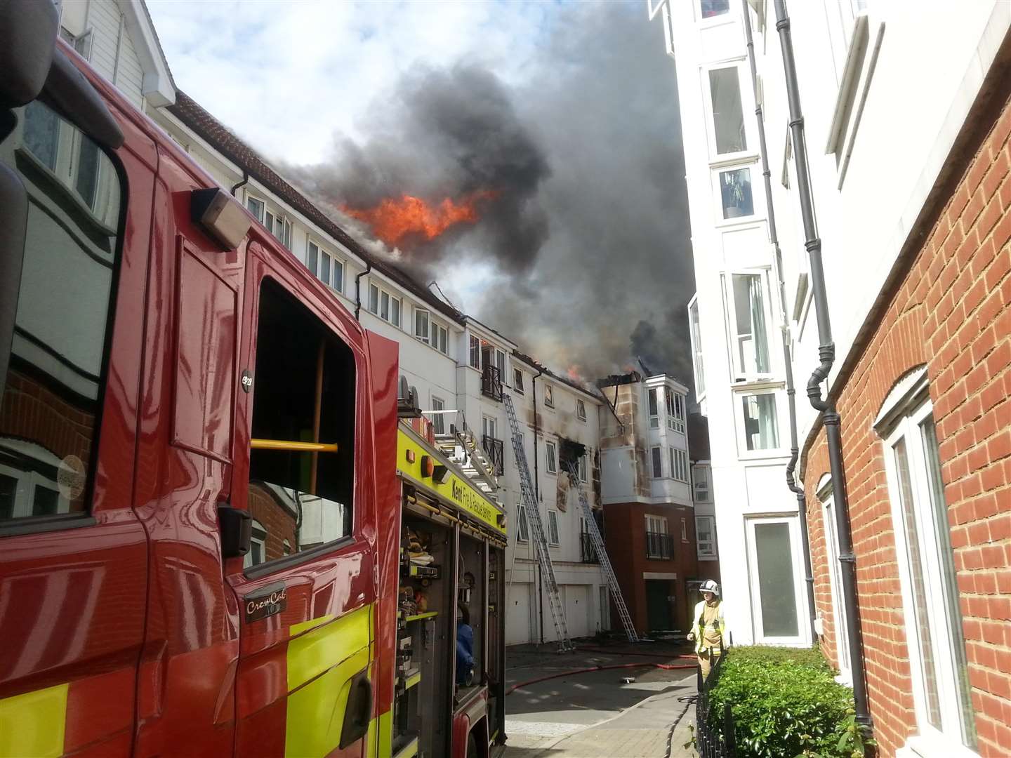 Slug: KG FLATSFIRECaption: Firefighters tackle the blaze at the Tannery in CanterburyContact: Alex Claridge (KM staff)Cat: FireTown: Canterbury FM3902205 (5511253)