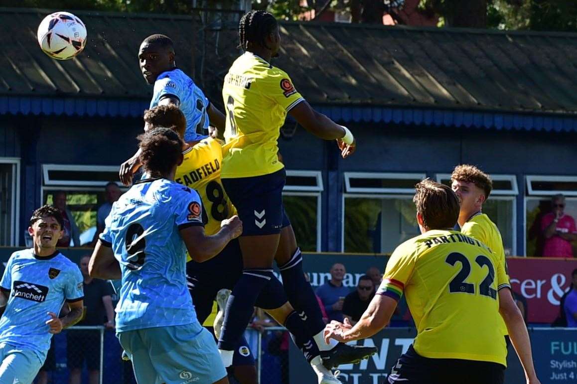 Temi Eweka rises to head home the only goal at St Albans. Picture: Steve Terrell