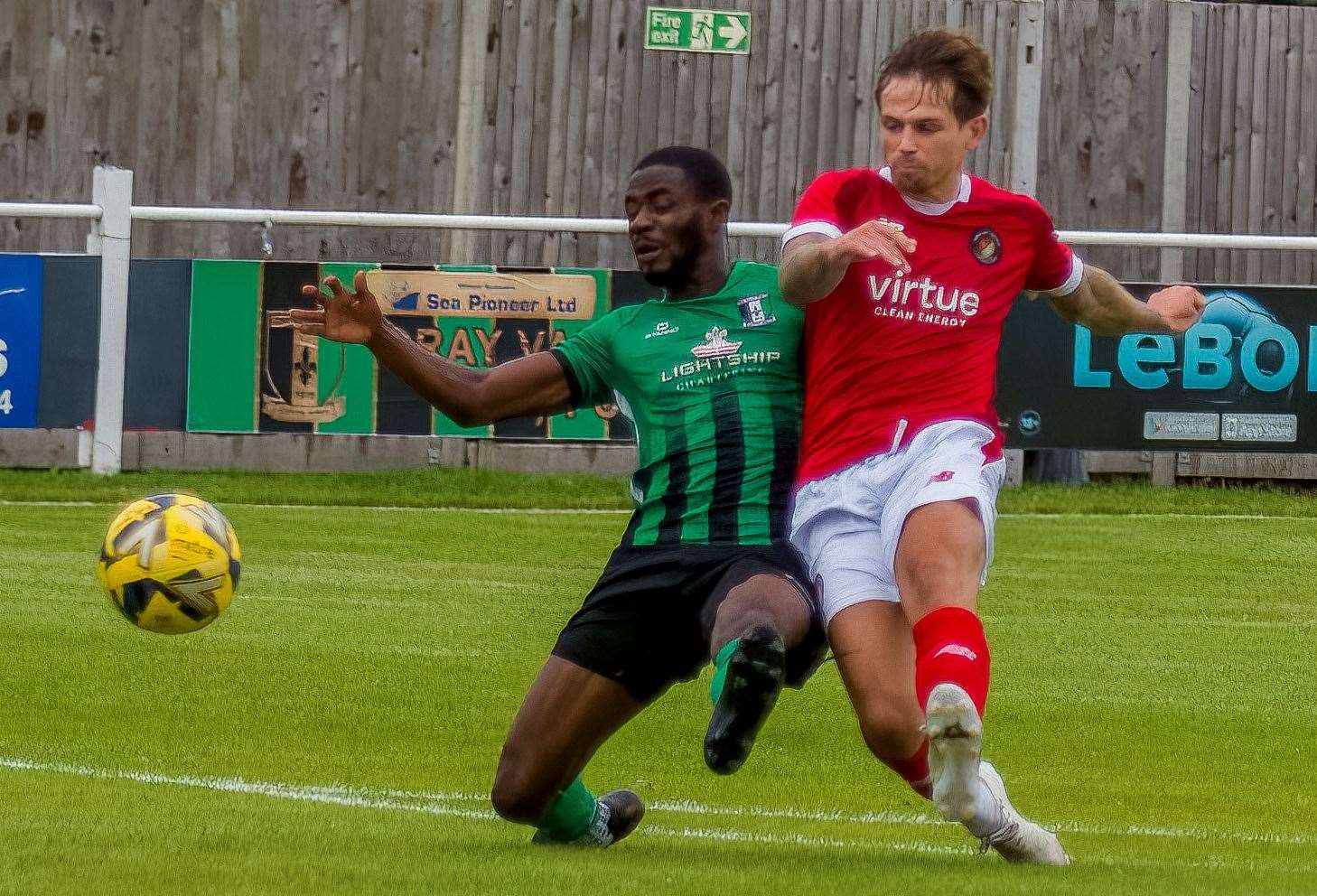 Ebbsfleet midfielder Craig Tanner scores the opening goal in their midweek friendly win at Cray Valley. Picture: Ed Miller/EUFC